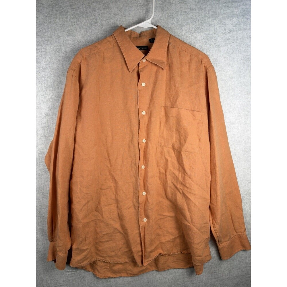 VTG Structure 100% Linen Button Up Shirt Mens Large Orange Long Sleeve Pocket